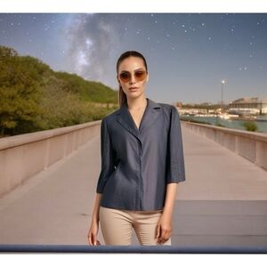 Willi Smith Women's Denim Jean Blazer Blue Size L Button Front 3/4 Sleeve NWOT